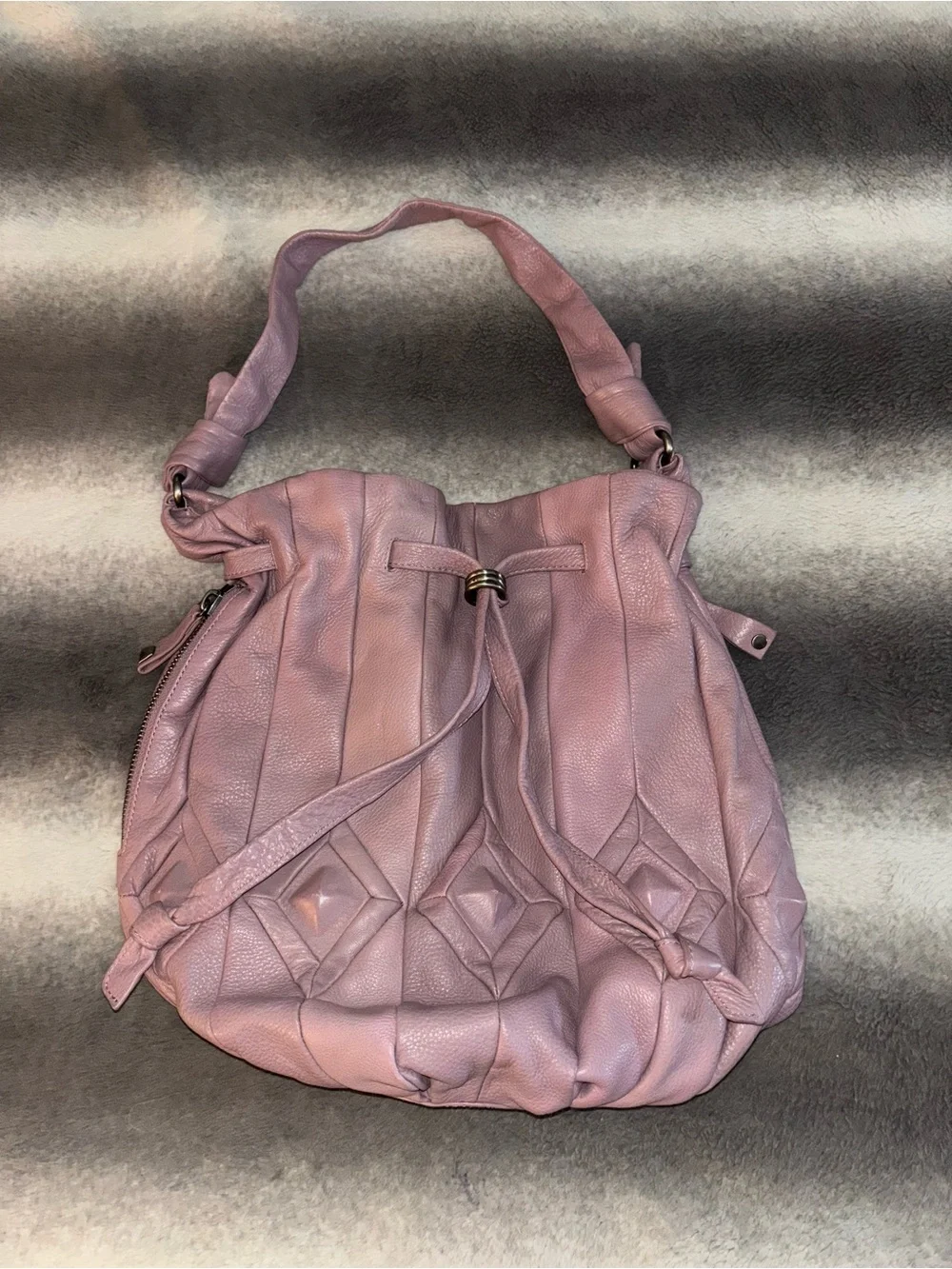 Elliott Lucca Lavender Leather Diamond Woven Bucket Hobo Shoulder Bag
